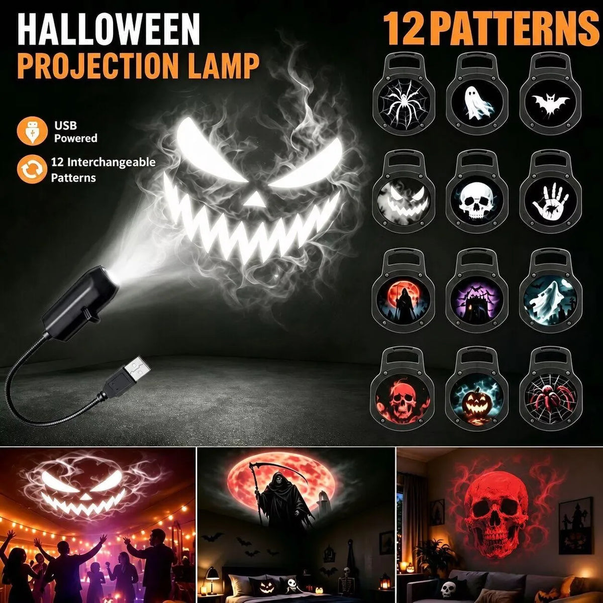 Projecteur Halloween – 12 Motifs Interchangeables 🎃